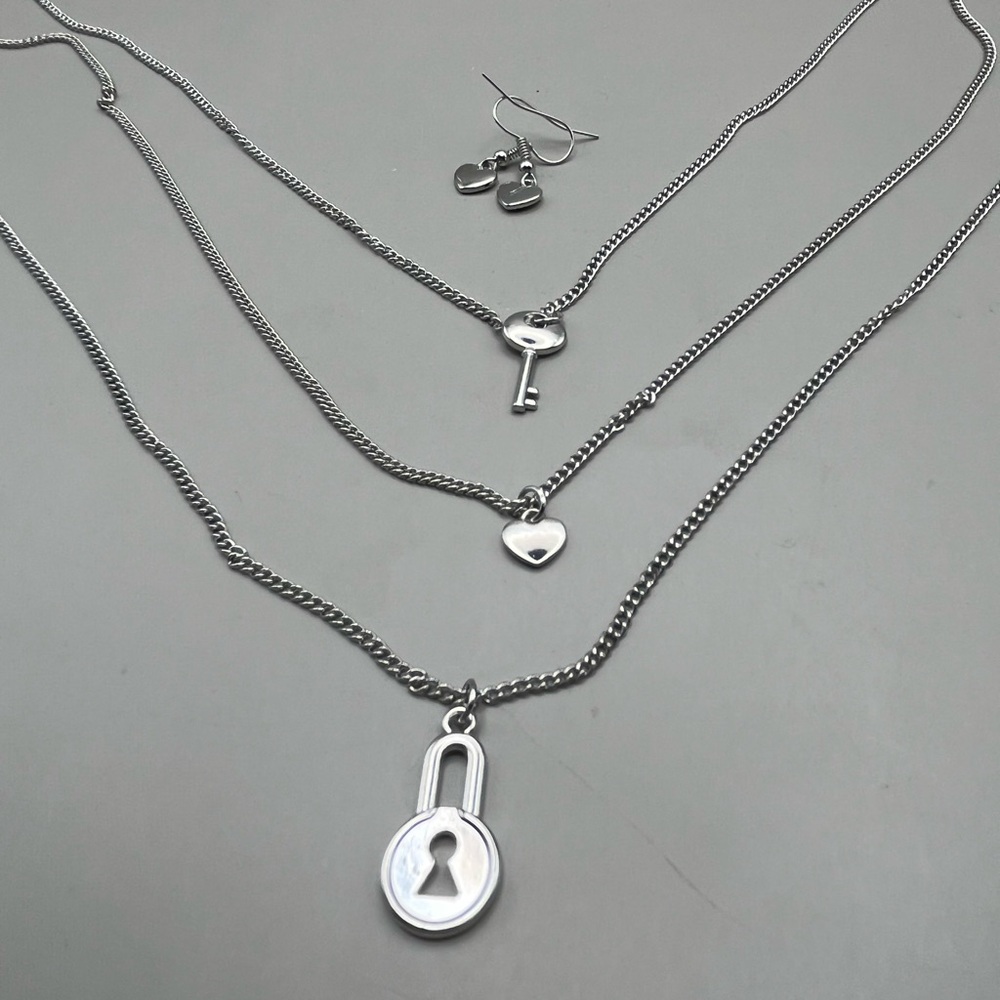 Silver Lock and Key Necklace Set